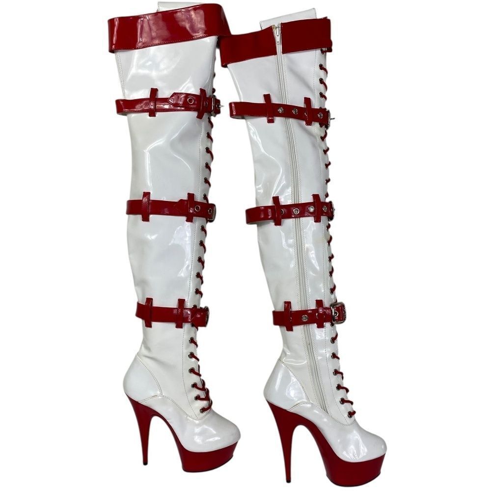 Red and White Women's Knee-High Boots